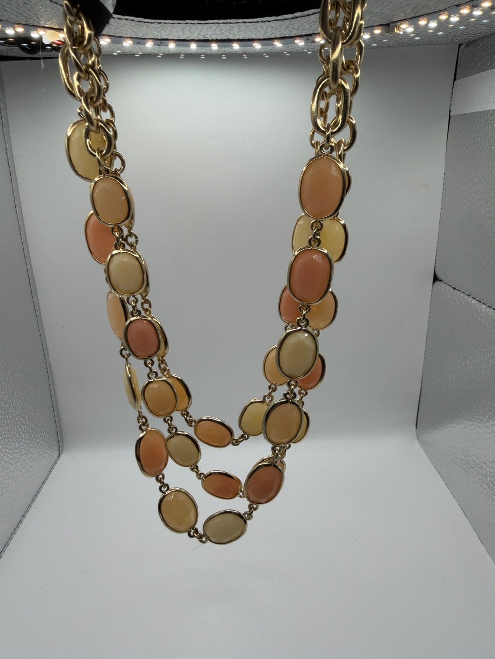 T Designer Multi Strand Peach Cream Faceted Statement Necklace Gold Tone